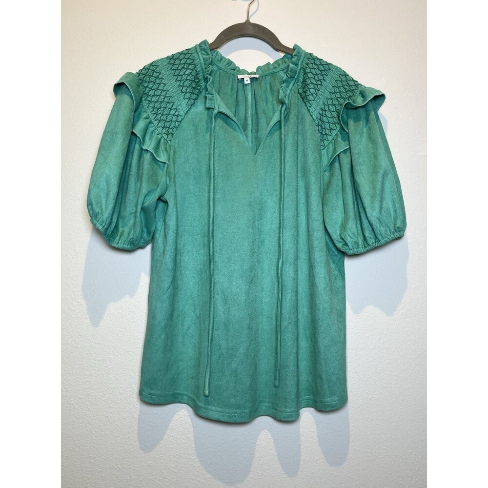 Voy Smocked Shoulder Ruffle Suede Top Turquoise Medium Stretchy Soft